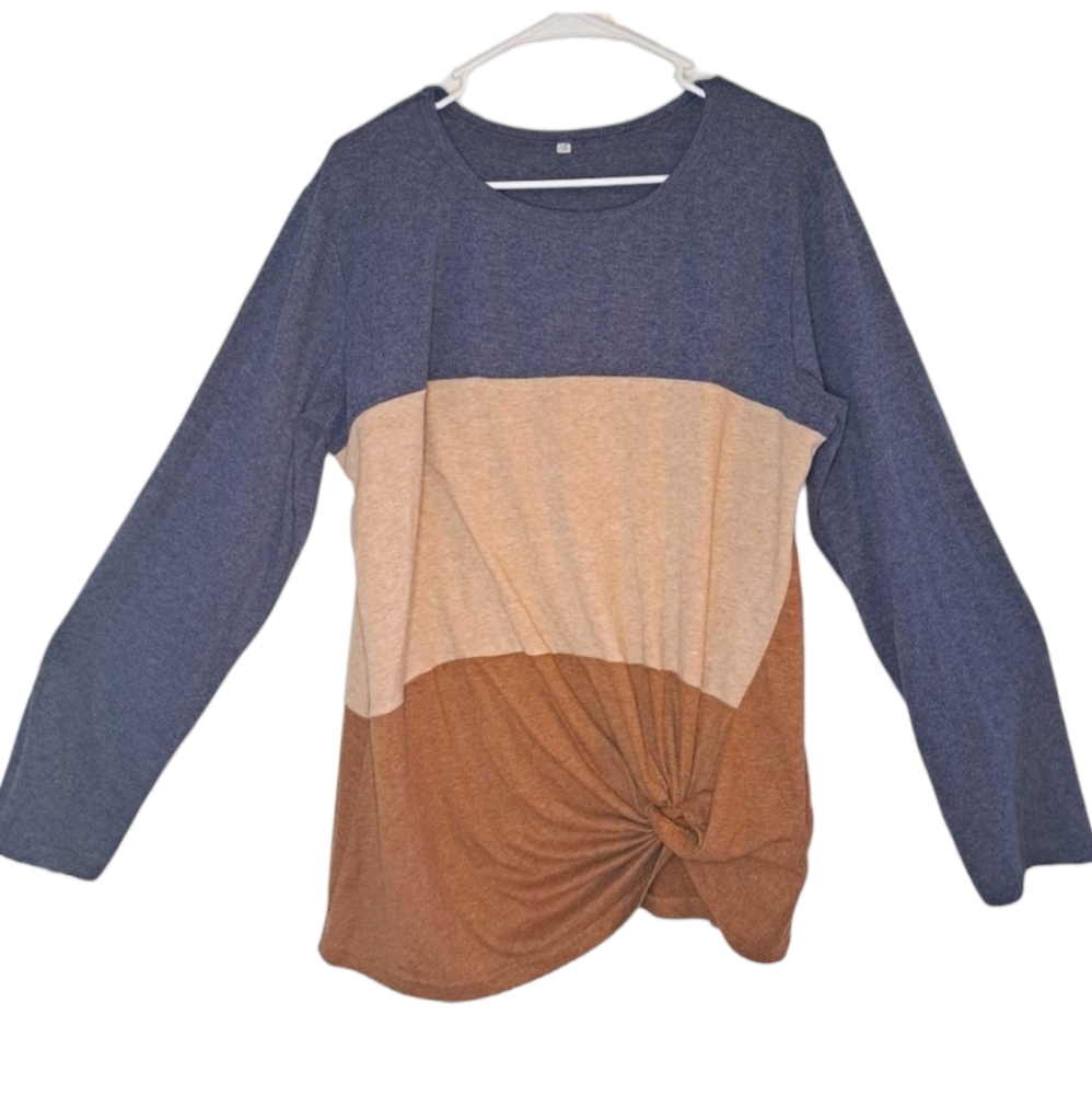 Twist Front Color Block Long Sleeve Tee Plus Size 2XL